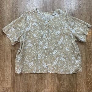 ***SOLD***Orvis Women's Beige Linen Leaf Print Button Down Shirt Size XL